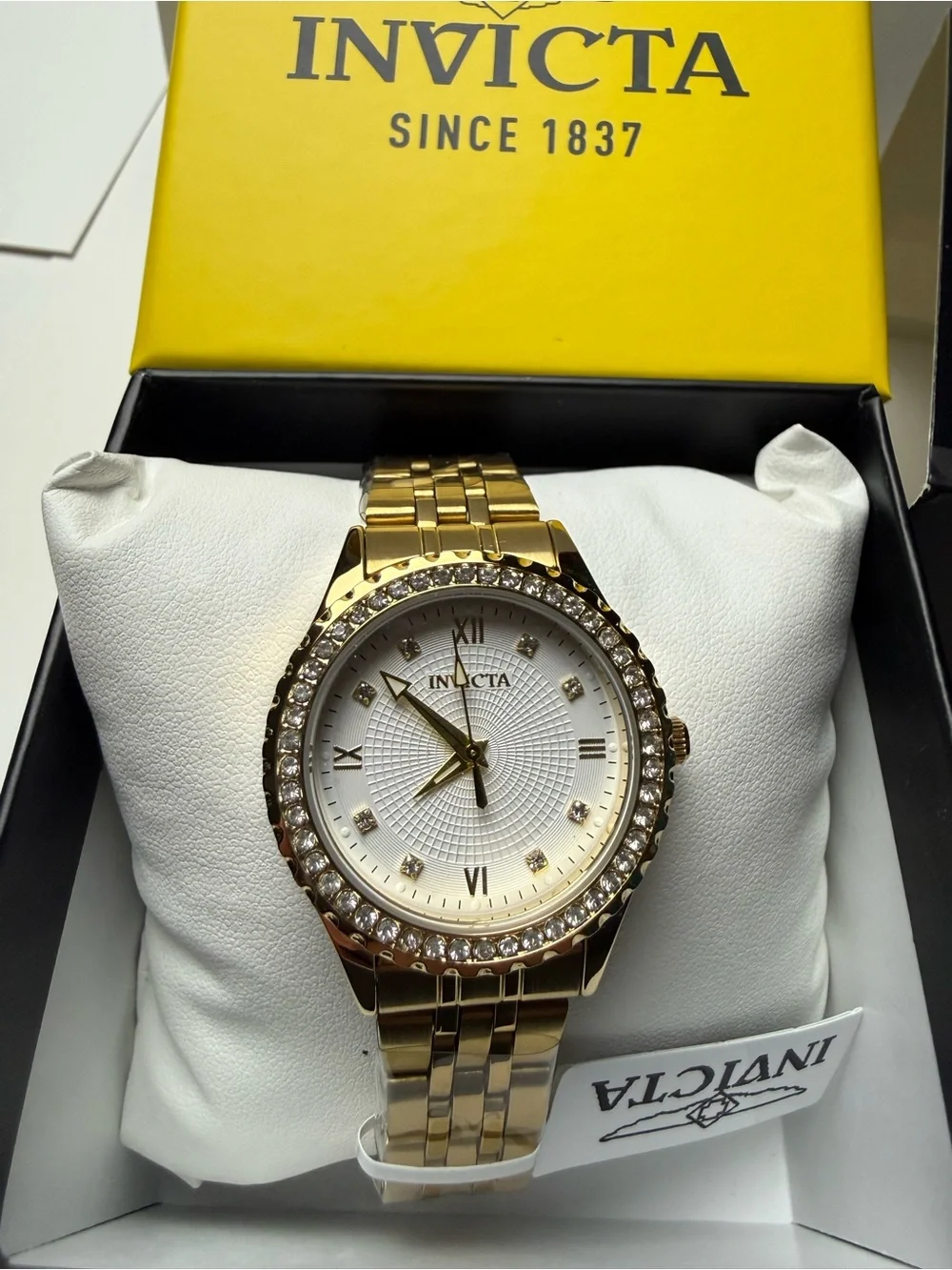 Invicta Gold and White Wildflower 33mm Crystal-Accent Women’s Bracelet Watch